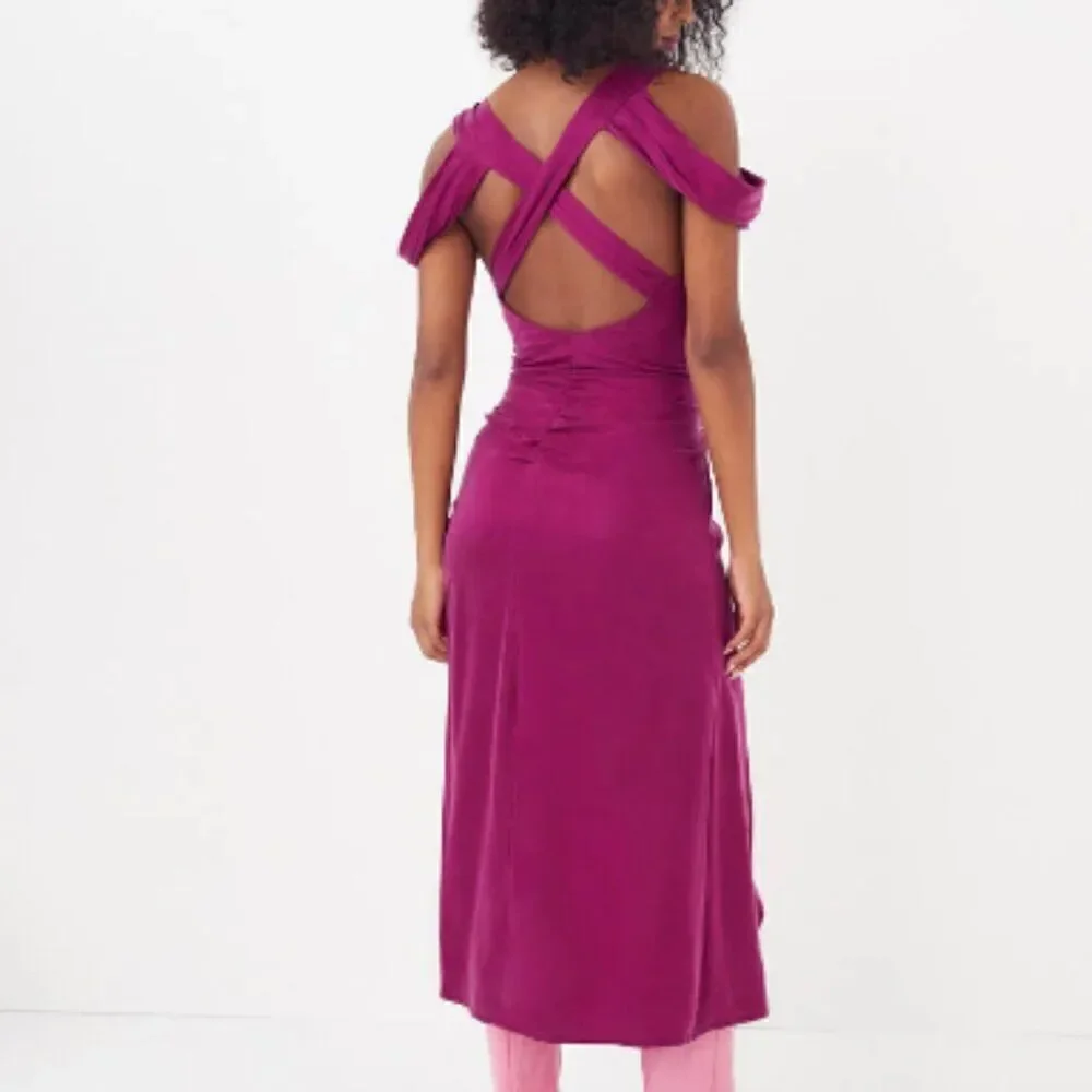 For Love & Lemons Beth Midi Dress Dark Magenta Pink w Draped Sleeves Large NWT - Picture 7 of 12